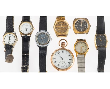 A quantity of gentlemen's wristwatches and a gold plated pocket watch to include gold-plated and chrome-plated examples signe