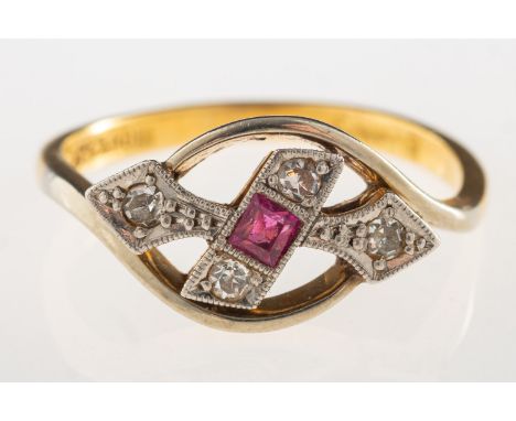 An Art Deco ring, set with a square-cut red stone and four single-cut diamonds, marked 18ct & PLAT, size L, 3.1grams.(Note: d
