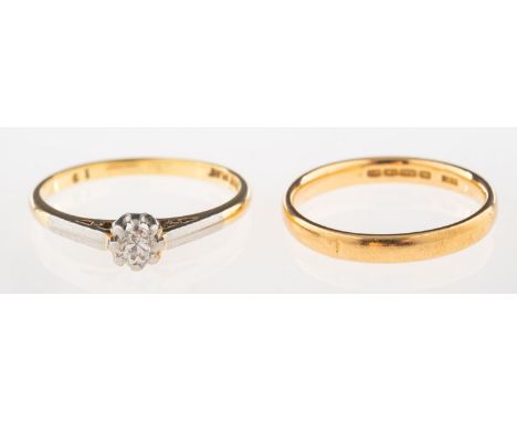 A diamond solitaire ring and a wedding band, a single stone solitaire ring set with a single-cut diamond, marked 18ct & Fine 