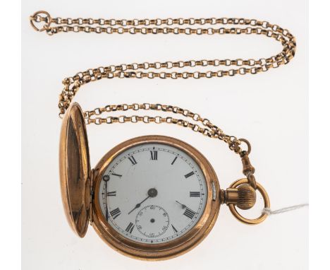 An Edwardian gold-plated full hunter pocket watch, the white enamel dial with black Roman numerals, subsidiary seconds dial a