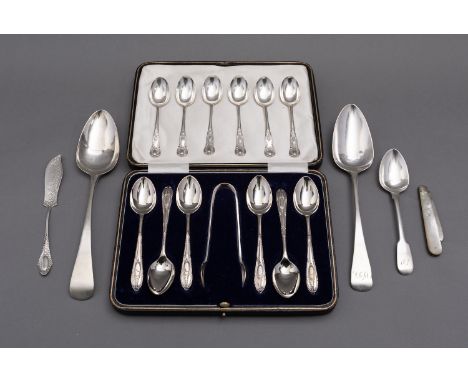 A mixed group of silver flatware including; a cased set of six Sheffield teaspoons and a pair of sugar tongs by Roberts & Bel