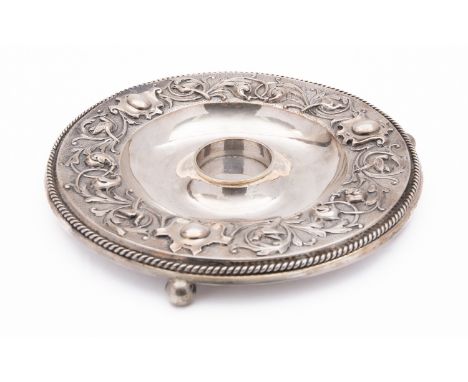 A Victorian silver inkwell stand byEdward Ker Reid, London 1871, of circular form, rope twist edge, Renaissance revival scrol