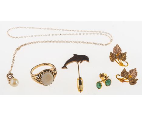 A mixed group of jewellery, including a pair of stud earrings set with an oval-cut emerald cabochon, post & butterfly fitting