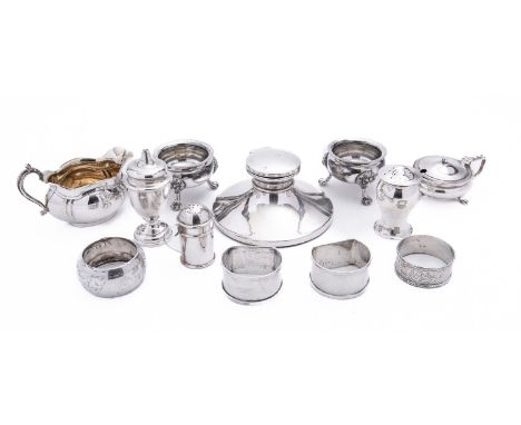A mixed group of silver and silver plate items including; a three piece silver cruet Birmingham 1944, a pair of Birmingham si