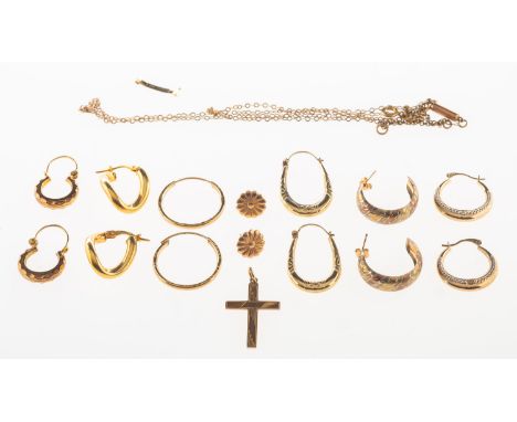 A mixed group of jewellery, including five pairs of hoop earrings of various designs, either marked 9ct, 375 or UK hallmark f