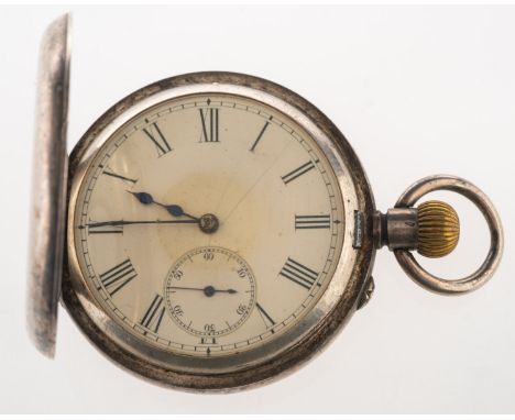 A silver half-hunter pocket watch the white enamel dial having black Roman hour numerals, a subsidiary seconds dial and blued