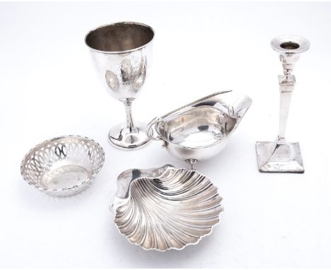 A mixed group of silver items including; a chalice cup engraved 'For the Best Bitch', hallmarks almost rubbed out, a George V