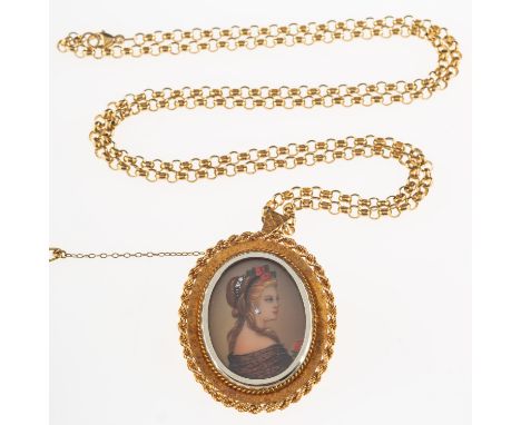 An 18ct gold portrait miniature brooch/pendant with chain, an 18ct gold oval pendant with a hand painted portrait miniature o