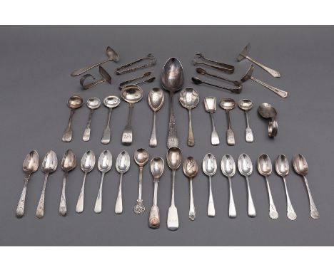 A mixed group of silver flatware including; a Bright-cut table spoon by Richard Ferris, Exeter 1792, a set of six Old English