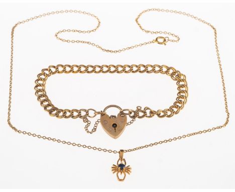 Two items of jewellery, including a 9ct gold double-link curb bracelet, with heart padlock and safety chain, UK hallmark to p