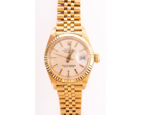 Rolex Datejust an 18ct gold lady's wristwatch the dial with raised baton numerals, baton hands, date aperture and signed Role