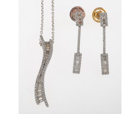 A diamond pendant with chain and a pair of diamond earrings, the pendant of twist form set with baguette-cut diamonds (some t