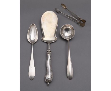 A mixed group of Continental silver flatware including; a Danish silver cake slice by A. Dragsted, Copenhagen 1900, an Austri