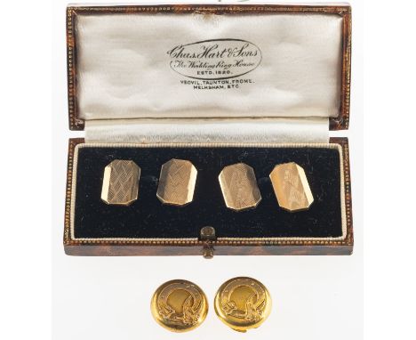 A pair of cufflinks and two buttons, a boxed pair of cufflinks with engine turned engraving, chain link fitting, marked 9ct, 
