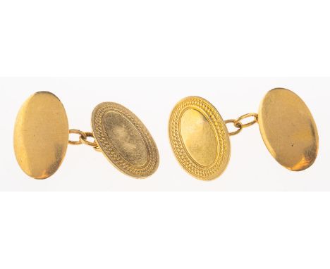 A pair of 18ct gold cufflinks, a pair of oval cufflinks with an oval band of engine turned engraving to one side, chain link 