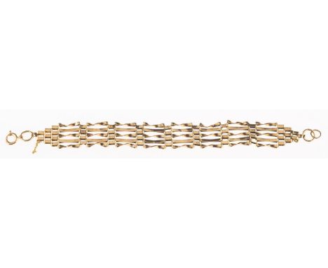 A fancy link gate bracelet, bolt ring marked 9K, safety chain broken and most missing, jump rings marked 375 and partial UK h