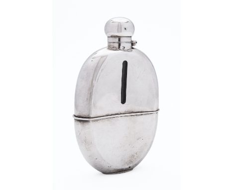An Edward VII silver and glass hip flask by William Hutton & Sons Ltd, London 1903, of oval form, with domed bayonet hinged l
