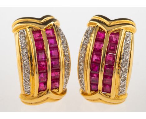 A pair of ruby and diamond earrings, each set with two rows of square-cut rubies and two rows of brilliant-cut diamonds, diam
