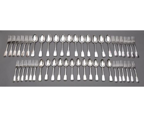 A matched 19th century silver canteen of Fiddle pattern flatware various dates and makers, mostly Victorian, comprising of tw
