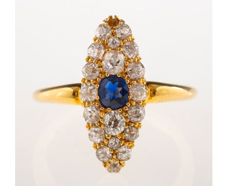 An 18ct gold Victorian sapphire and diamond ring, of navette form and set to the centre with a circular-cut sapphire, with a 