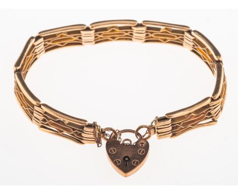 A gate bracelet with heart padlock, safety chain, heart with faint UK hallmark to verso, jump ring marked faintly 9ct, length