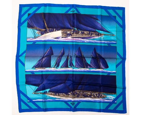 Hermes. A silk Hermes scarf, Sailing Ships, Rafales, 'Gust of Wind' by Yannick Manier 1988, blues, approx. 88cm x 88cm.
