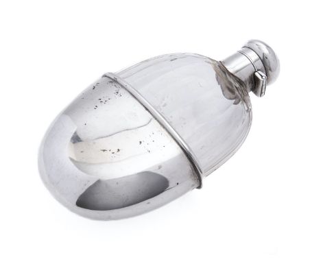 A George V silver and glass hip flask by Hilliard & Thomason, Birmingham 1922, bayonet hinged lid, part cut part plain oval g