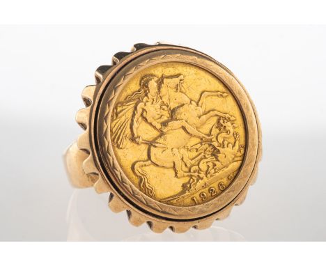 A George V 1926 full sovereign ring, in a 9ct gold mount, UK hallmark, size S, 15.1grams.