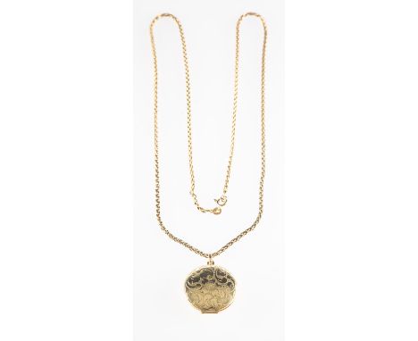 A locket and chain, the locket of circular form with floral and foliate engraving, top opening, Import mark to verso, 375, di