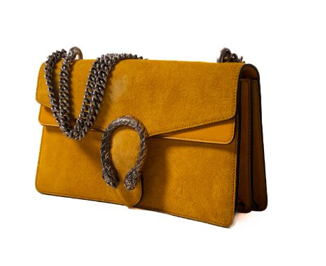 Gucci. A Gucci Dionysus handbag, with a mustard yellow suede exterior with silver hardware and yellow  interior, silver chain