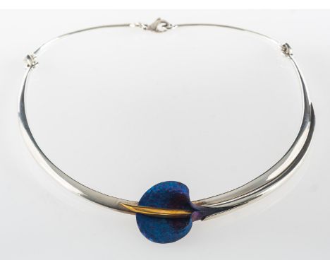Blue Wing Gallery, Cornwall, a silver and titanium Cala lily necklet, the necklet is of semi-rigid form to the front with a b