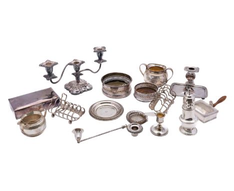 A mixed group of silver plated wares including; a large oval tray, an Elkington plate two handled sugar bowl and jug, a pair 