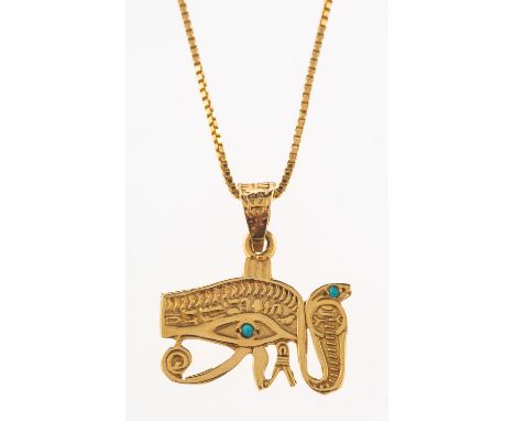An Egyptian hieroglyph pendant and chain, the hieroglyph pendant is set with two turquoise cabochons, unmarked, measuring app