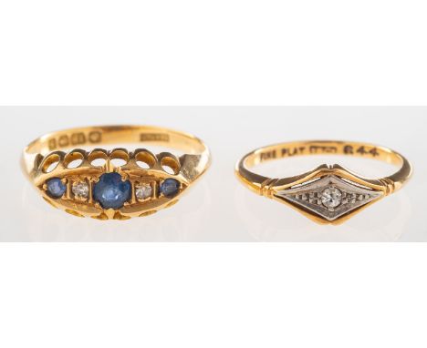 An 18ct gold sapphire and diamond ring and a diamond ring, an 18ct gold early 20th century ring set with three circular-cut s