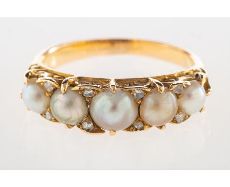 A Victorian pearl and diamond ring, a half hoop ring set with five split pearls, interspaced by eight small rose-cut diamonds