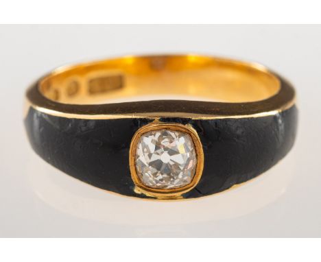 An 18ct gold Victorian diamond and enamel ring, set with a single old mine-cut diamond, diamond approx. 0.67 carat, with a su