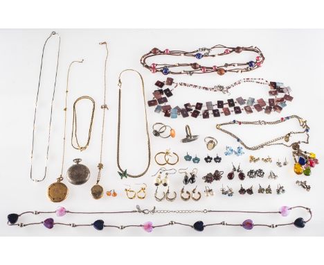 A mixed group of costume and silver jewellery, including an ornately engraved silver pocket watch with white ceramic dial and