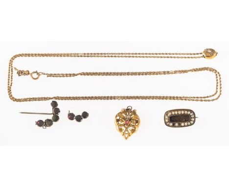A group of antique jewellery, including a Victorian seed pearl memorial brooch with a panel of woven hair, the glass cover & 