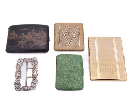 A mixed group of silver, silver plated and base metal including; a Japanese patente iron cigarette case, a shagreen and silve