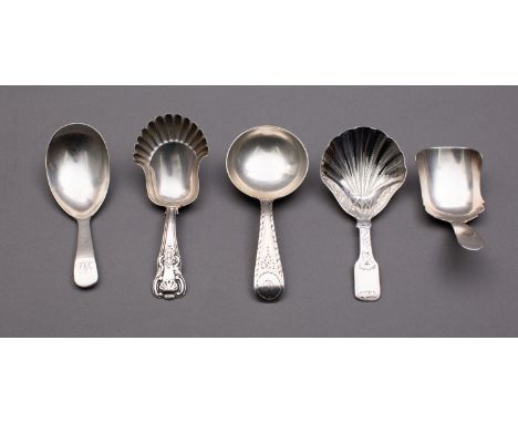 A group of silver tea caddy spoons including; an Old English pattern with pear shaped bowl spoon by John Lias, London 1807, a