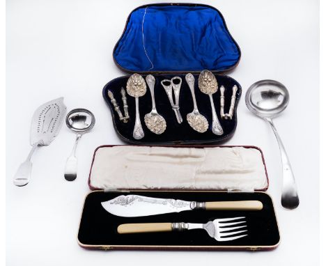 A mixed group of silver plate including; a Victorian cased dessert serving set of four berry spoons, a pair of grape scissors