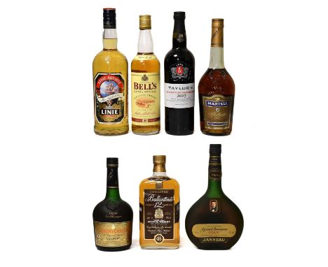 Courvoisier V.S.O.P. Cognac (one bottle), Martell V.S. Cognac (one bottle), Taylor's 2017 Late Bottled Vintage Port (one bott