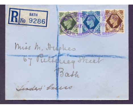 FIRST DAY COVER : 1939 GVI 9d, 10d and 1/- on registered plain hand addressed cover, cancelled by Somerset oval cancel dated 