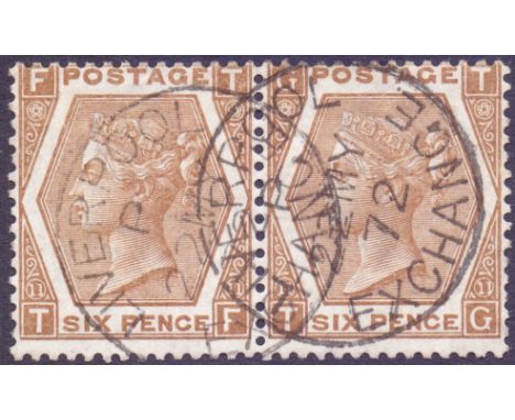 STAMPS : GREAT BRITAIN : 1872 6d Chestnut fine used pair used on FIRST DAY OF ISSUE 22nd May 1872. SG 122a