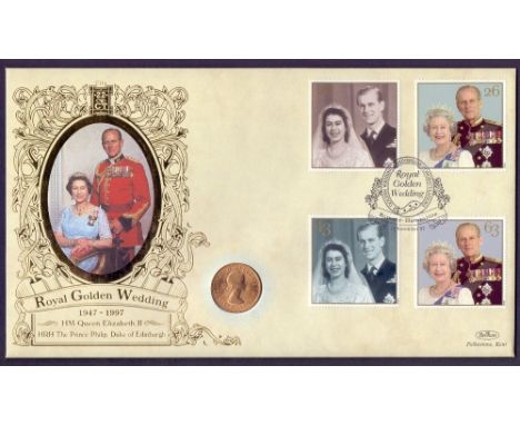 GOLD COINS : 1958 Gold Sovereign encapsulated in a 1997 Golden Wedding Benham limited edition First Day Cover