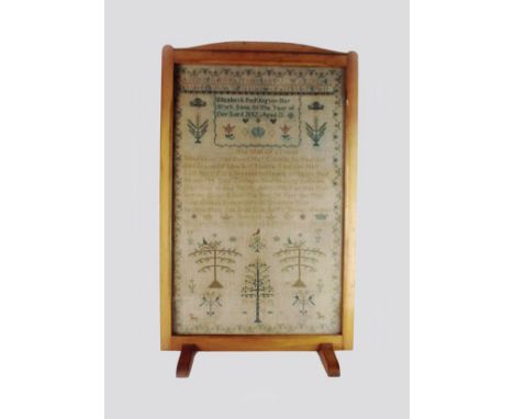 An early Victorian schoolroom sampler in a later oak fire screen frame, the work of 'Elizabeth Pocklington', her work done in