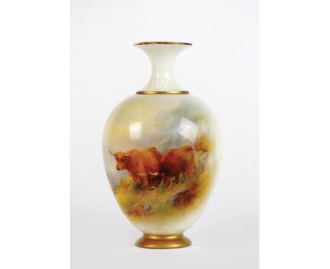 A Royal Worcester vase, circa 1915, shape H302, painted in the manner of Harry Stinton with scenes of Highland Cattle against