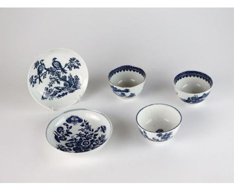 Late 18th century English porcelain to include a Caughley saucer, transfer-printed in the Birds in Branches pattern, a Caughl