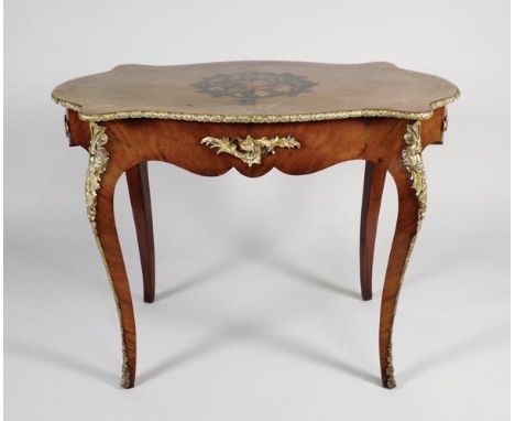 A 19th/early 20th century Louis XV style walnut and marquetry serpentine centre table, the top with central marquetry panel o