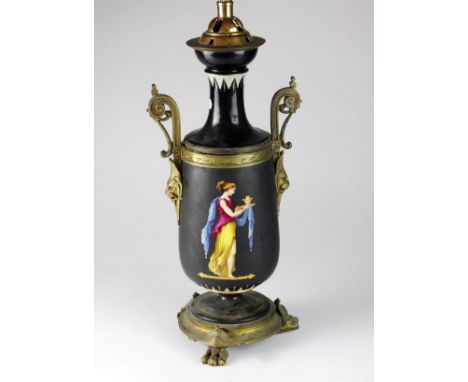 An Etruscan-style black ground vase, 19th century, converted to a table lamp, with metal mounts, and decoration of Classical 